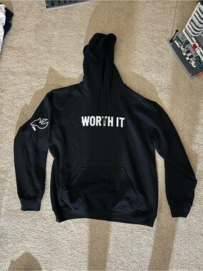 Black Hoodie with White Print and shoulder design. Positivity brand